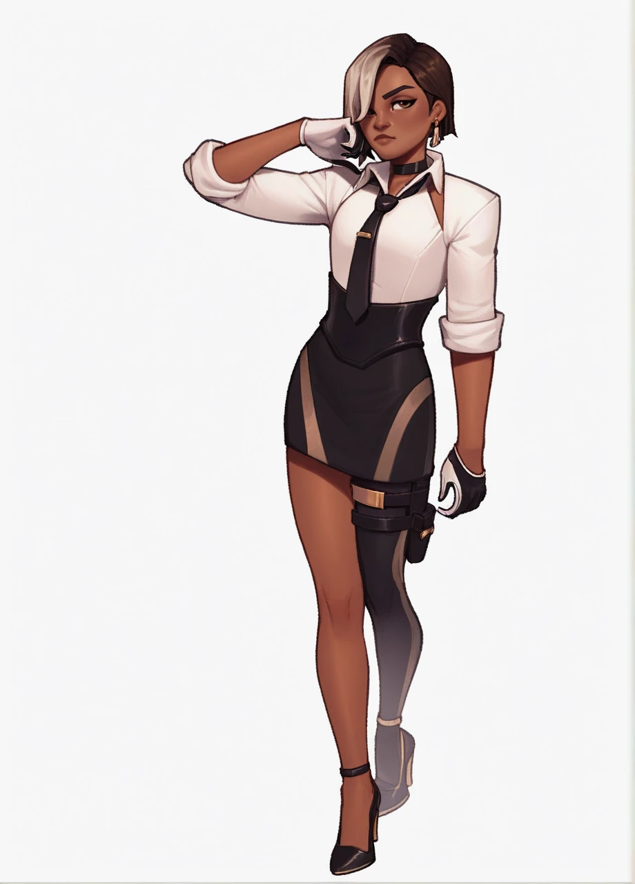 <lora:FN_Antonia-PONY:0.9> fnantonia, solo, dark skinned female, two-tone hair, hair over one eye, earring, black choker, white collared shirt, black necktie, sleeves rolled up, two-tone gloves, black skirt, thigh holster, asymmetrical legwear, heeled shoes, full body, white background, score_8_up, score_7_up, score_6_up, score_5_up, score_4_up,