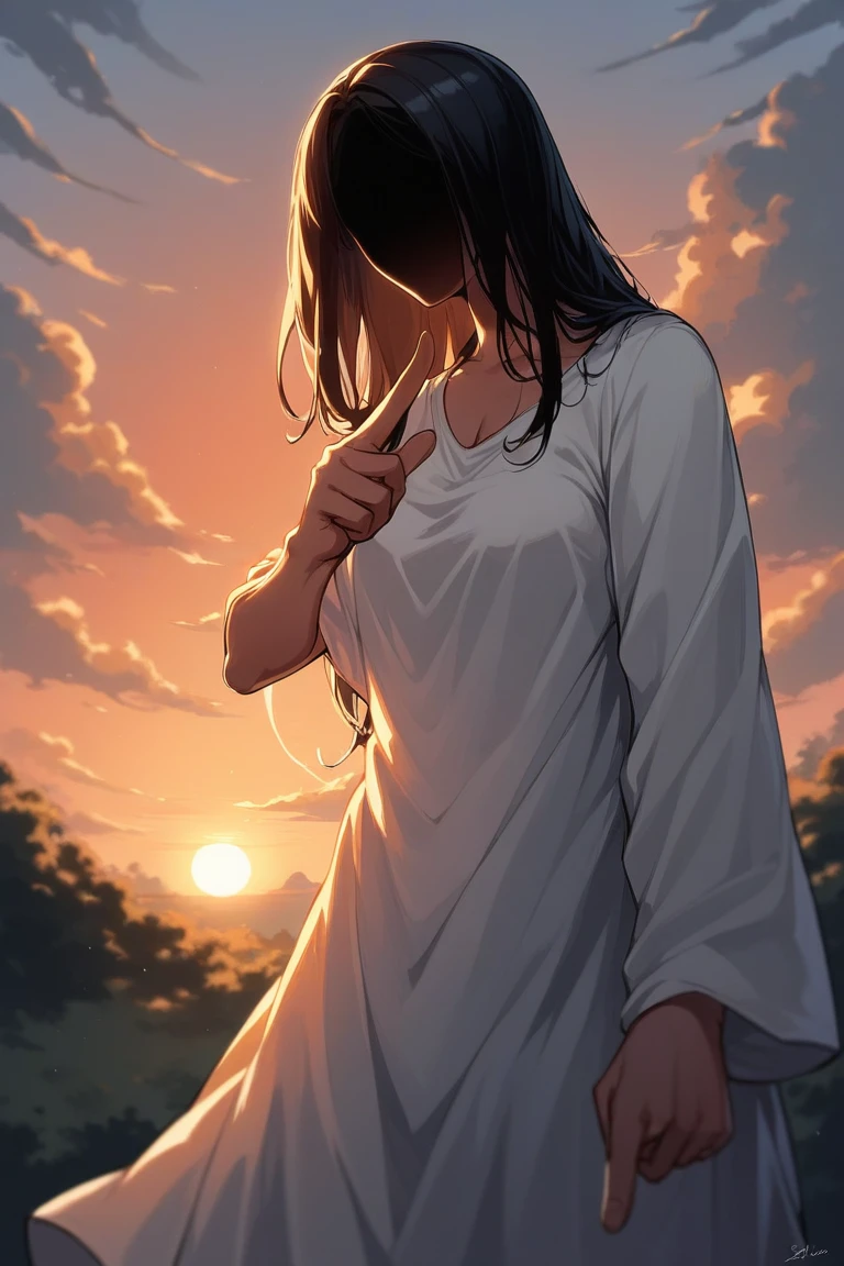 score_9, score_8_up, score_7_up, source_anime, rating_safe, evening, sunset, natural lighting, faceless-humanoid focus, pointing, Dafaceless, long hair, black hair, no face, white_Dafaceless_cloth, 1faceless, intricately detailed illustration, depth of field, atmospheric perspective, horror (theme)