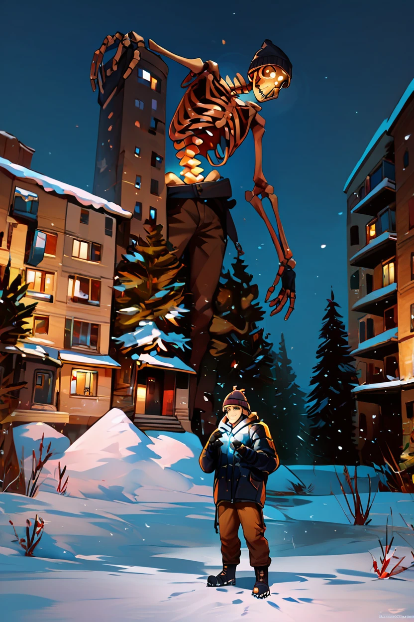 score_9, score_8_up, score_8,  ,,,  zzGiantSkeleton, solo, gloves, 1boy, hat, holding, standing, jacket, male focus, boots, outdoors, pants, tree, coat, night, glowing, building, snow, beanie, brown pants, ,,, <lora:Giant_Skeleton_PDXL_v1:0.8>,  ,,, embedding:zPDXL,  <lora:CatalystStylePDXL:0.6>,  <lora:SDXLFaeTastic2400:0.5>,