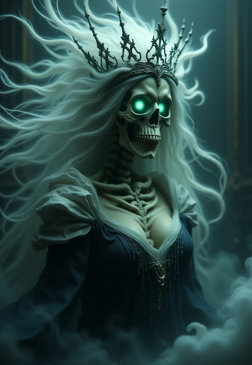 A beautifully haunting skelet0n Queen, wearing a ghostly crown made of mist and shadows, her flowing hair blends with the ethereal surroundings. Her glowing eyes pierce through the darkness, casting an eerie light. Her skull is both beautiful and terrifying, with pale bone, hollow cheeks, and an expression of cold sorrow. She wears an ancient, tattered royal gown that seems to float and dissolve into the mist around her. The ambiance is extremely spooky, with swirling fog, dark, oppressive shadows, and an otherworldly glow surrounding her. The scene exudes both elegance and terror, capturing her as a figure of beauty and horror. The atmosphere is chilling, filled with supernatural energy, creating an unsettling yet captivating presence.
 <lora:Spooky Skeletons:1>