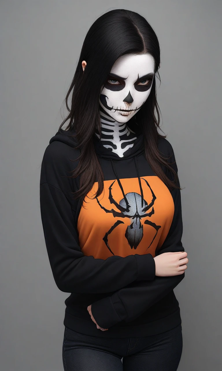 (masterpiece), (high quality), 1girl, SKULLF4C3XL, facial_tattoo, skeleton makeup, skull facepaint, orange shirt, black jeans, black hoodie, spiderweb print