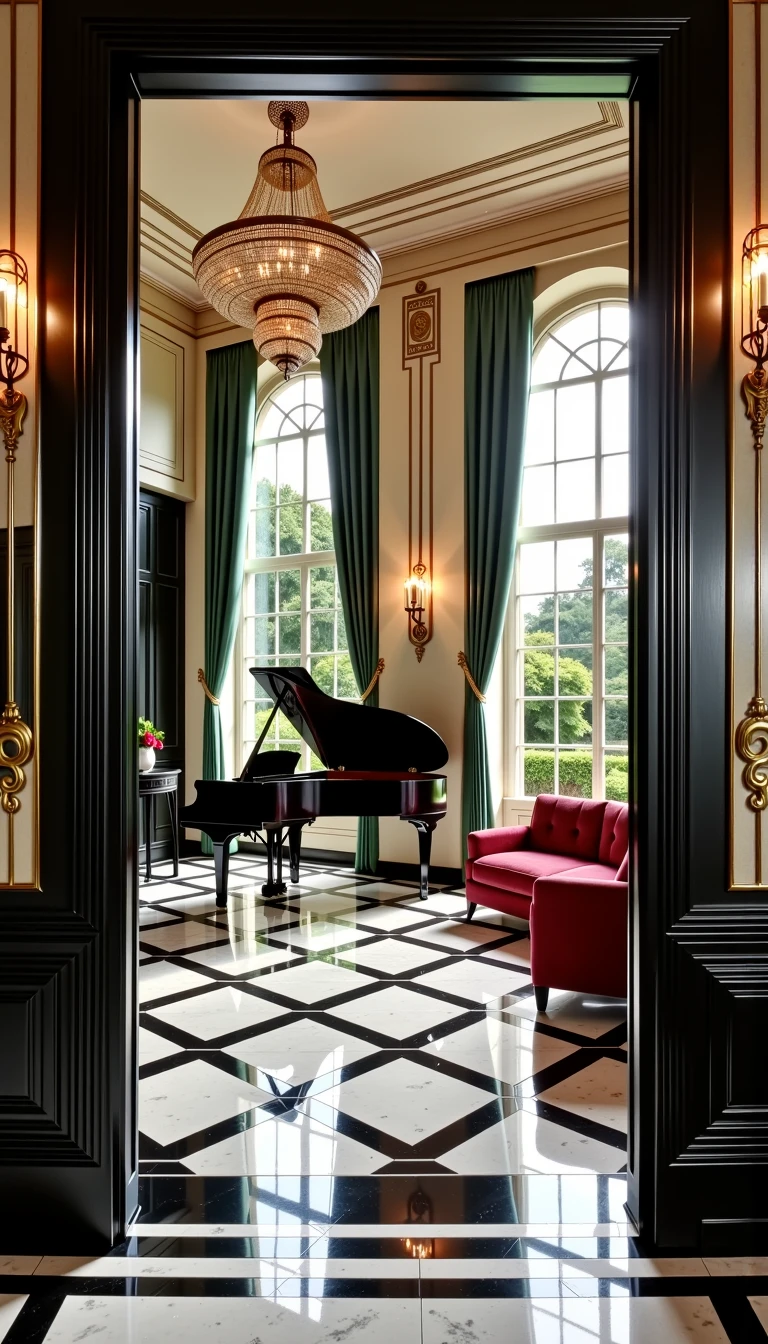 A lavish 1920s art deco mansion interior, with gleaming black and white tiled floors, gold accents on the railings, and geometric light fixtures hanging from the ceiling. The living room is dominated by a grand piano, with plush velvet furniture and tall, wide windows looking out onto manicured gardens.  <lora:Everly Heights Retro Cel-Frame FLUX:1>