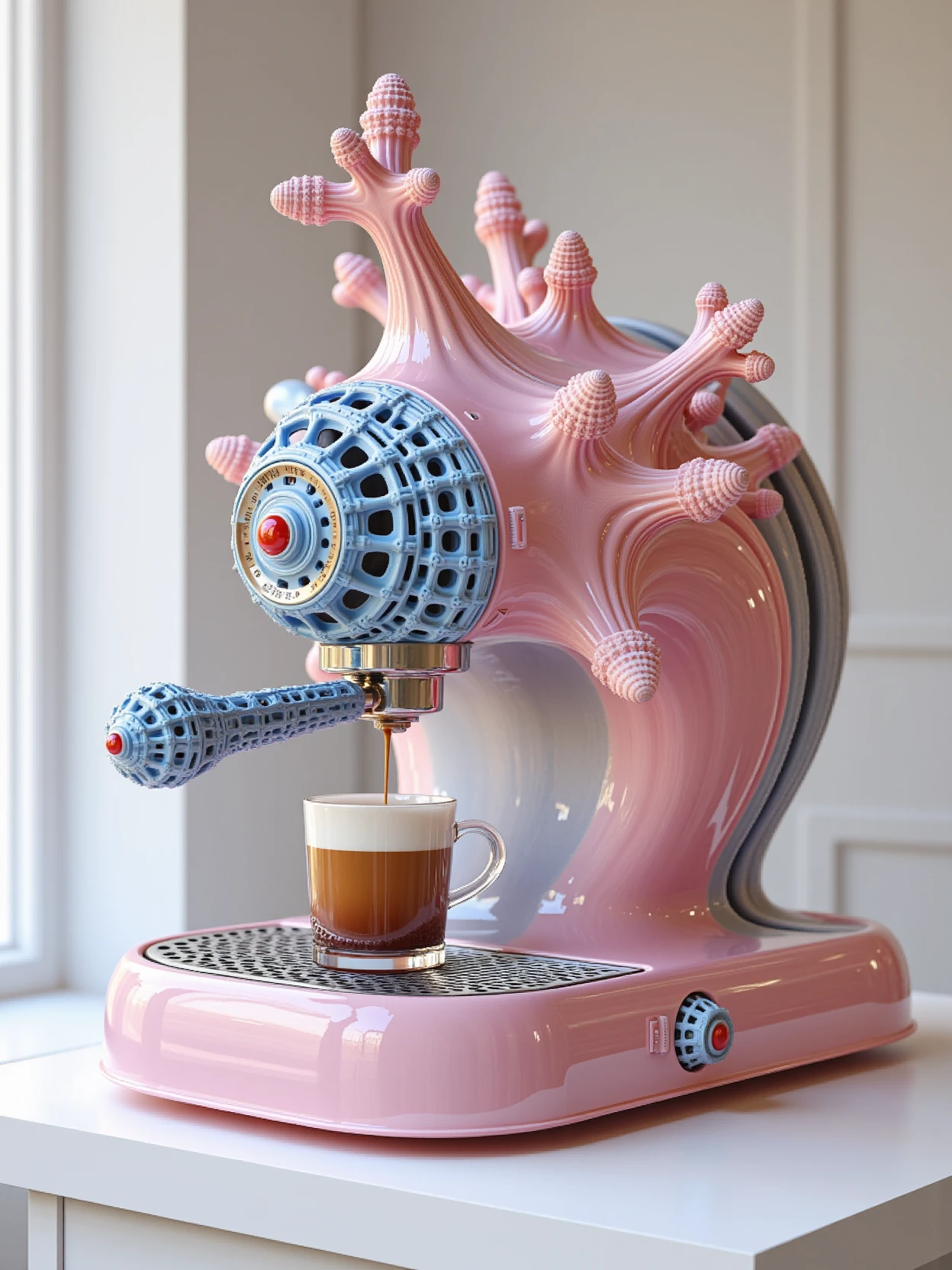 acidpolypite,the coral-like coffee machine is large and high-tech,in the colour of pink,grey and blue,the backgroud is simple and window,the coffee machine is on table