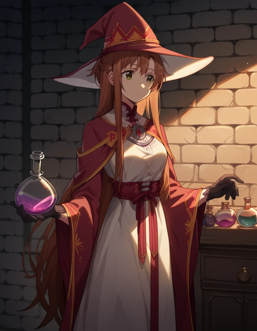 score_9, score_8_up, score_7_up, source_anime, asunayuuki, <lora:asuna-yuuki-s1-ponyxl-lora-nochekaiser:1>, asuna yuuki, long hair, brown hair, brown eyes, medium breasts,, <lora:wizard-ponyxl-lora-nochekaiser:1>, wizard, wizard hat, robe, dress, long sleeves, gloves,, indoors, bricks, potion, flask, vial,, cowboy shot,