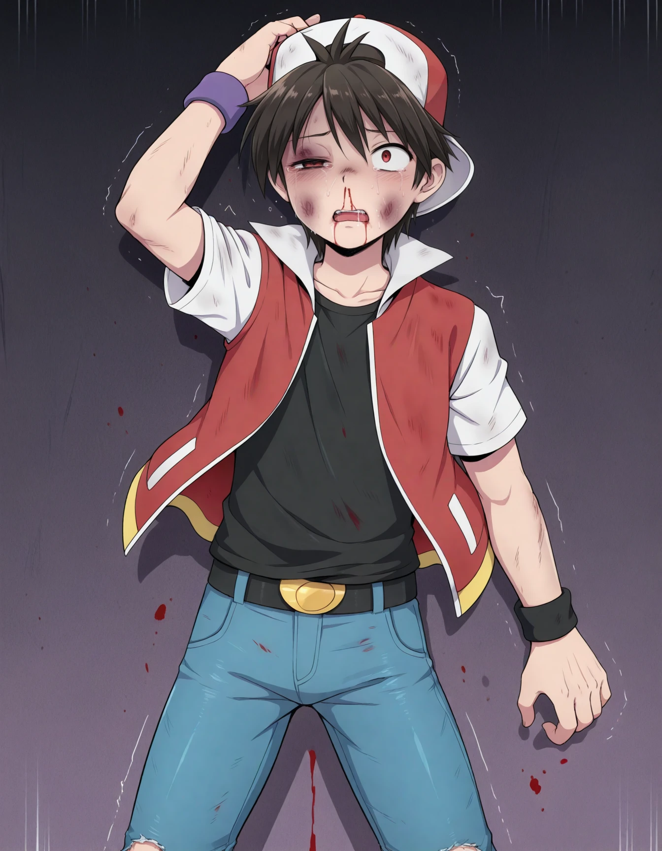 (official art, official style:1), (anime coloring, flat color:0.6),
<lora:Hyper8:0.5> (1boy, solo:1.2),
red \(pokemon\), (pokemon adventures:1.2), black hair, red eyes, baseball cap, backwards hat, black belt, black shirt, jeans, red jacket, open jacket, short sleeves, white sleeves, black wristband, shaking,
<lora:bruised_face_illustrious-000050:1> , bruise, bruise on face, bruised eye, nosebleed, one eye closed, nosebleed, masterpiece, best quality, amazing quality, very aesthetic, absurdres