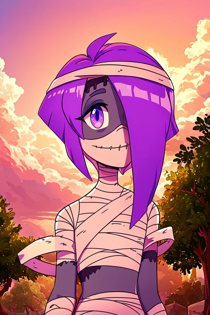 score_9, score_8_up, score_8,   BREAK, , zzDaimon, purple hair, purple eyes, mummy, colored skin, bandages,  grey skin,  <lora:Daimon_AFKArena_PDXL:1.0>, , BREAK, smile, looking at viewer, cowboy shot, ,,, outdoors, sky, day, cloud, tree, blue sky, sunny,  ,,, Expressiveh, ,,, <lora:Alola_Style_PDXL:0.8>, <lora:Expressive_H-000001:0.4>,