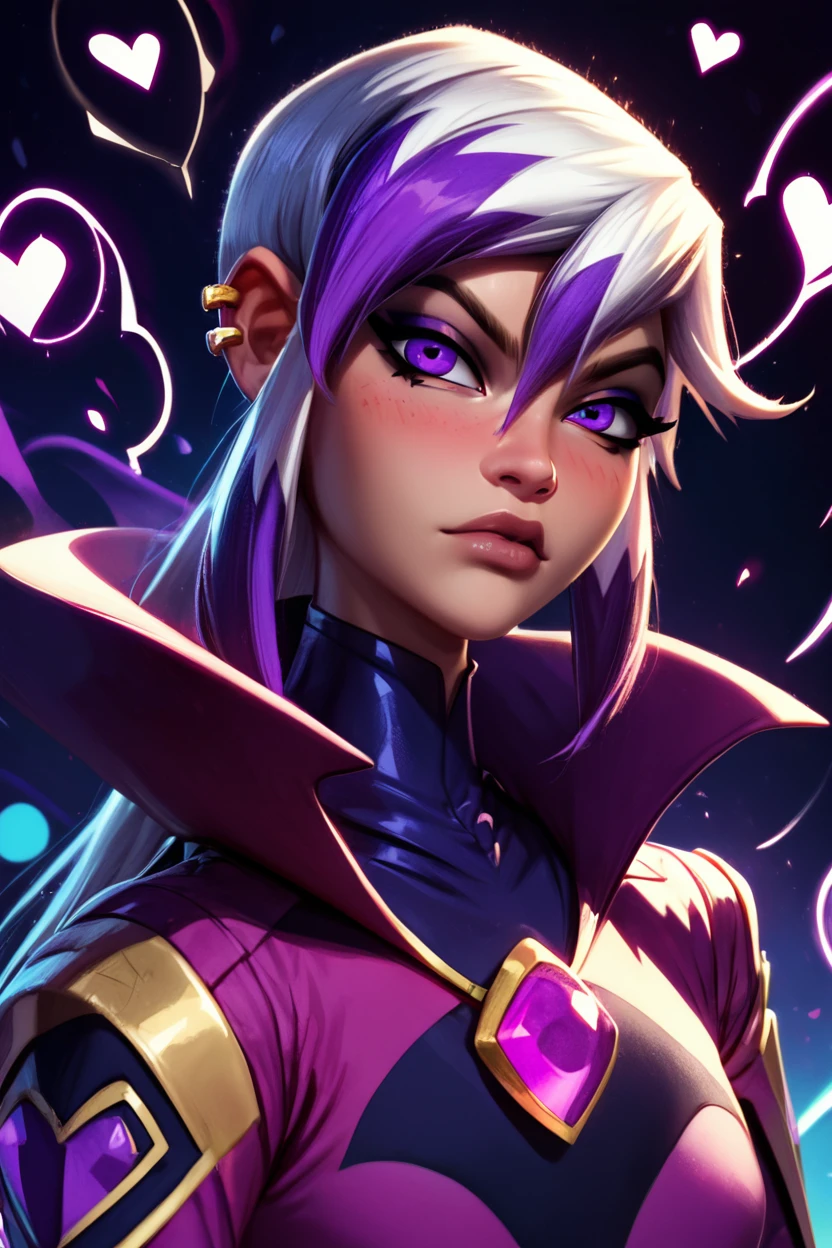 score_9, score_8_up, score_8,     BREAK, , ,,,  zCharmcaster, purple eyes, white hair, long hair, hair between eyes, purple hair, ear piercing, earrings, gloves, makeup, fingerless gloves, magic, <lora:Charmcaster_Ben10Omniverse_PDXL:1.0>, ,,,  , BREAK,  (ultra realistic,32k, masterpiece:1.2),(high detailed skin:1.1),( high quality:1.1), curvy, head tilt, hearts, blush, lips, closed mouth, curvy, head tilt, shiny clothes, (upper body), looking at viewer, bokeh, luminescent background, ,,, embedding:zPDXL, Expressiveh, ,,, <lora:RlAnmPDXL:1.0>,