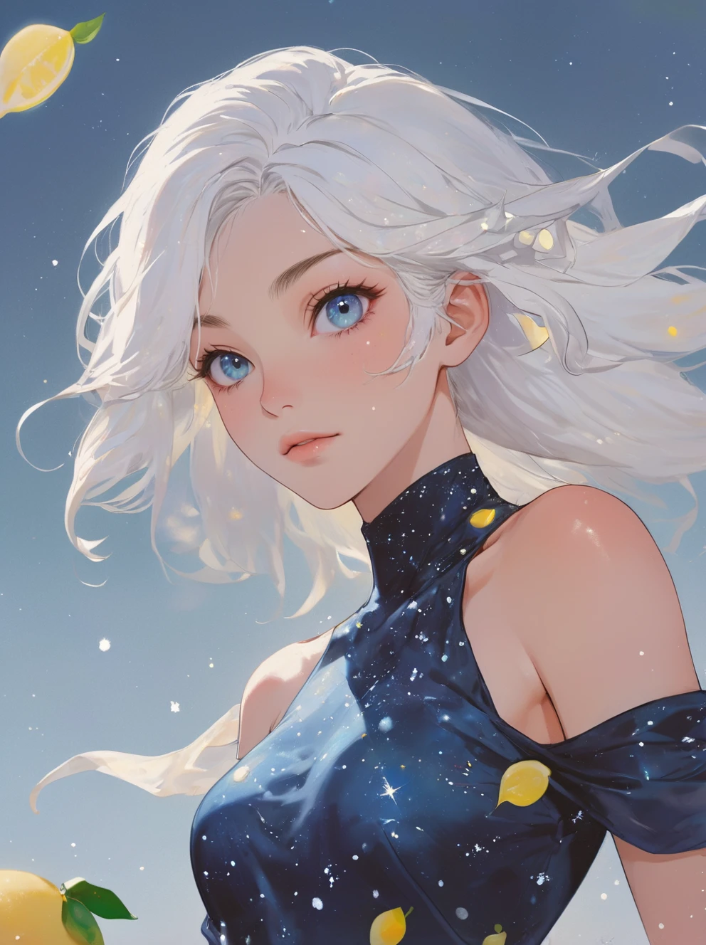 ,donmenshiji,1girl,solo,dress,white hair,blue eyes,looking at viewer,star \(sky\),bare shoulders,lips,starry sky,starry sky print,makeup,sky,eyelashes,floating hair,eyeshadow,taotail,fruit,food,still life,food focus,close-up,leaf,lemon,sky,orange \(fruit\),simple background,water drop,<lora:Dmshiji-wwm:0.8>