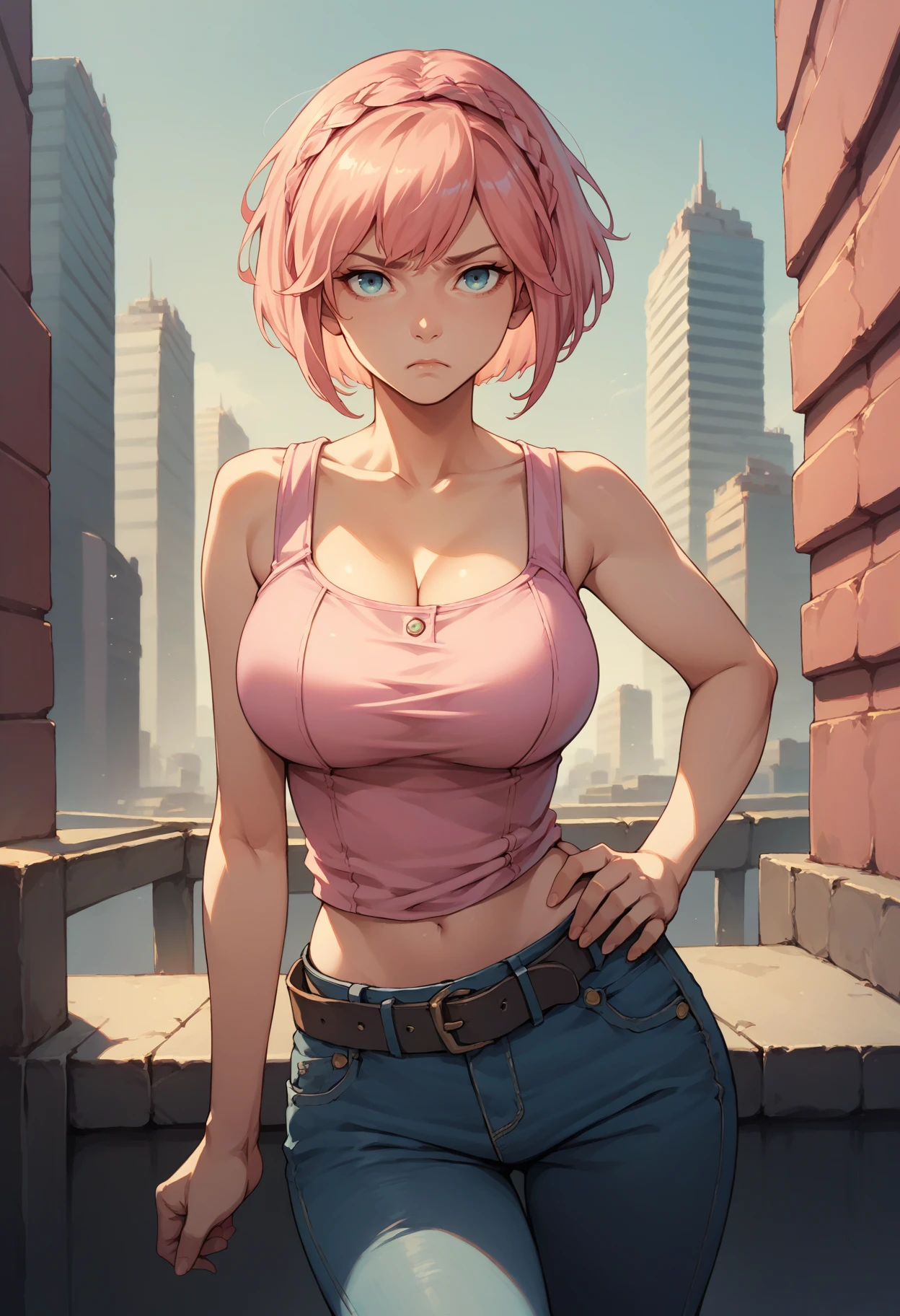 score_9, score_8_up, score_7_up, 1girl, cowboy shot, hand on own hip, looking at viewer, unamused, <lora:KanonGE-pdxl-bsinky-v1:1> defKan, short hair, pink hair, crown braid, blue eyes, large breasts, pink tank top, cleavage, midriff, belt, jeans, cityscape