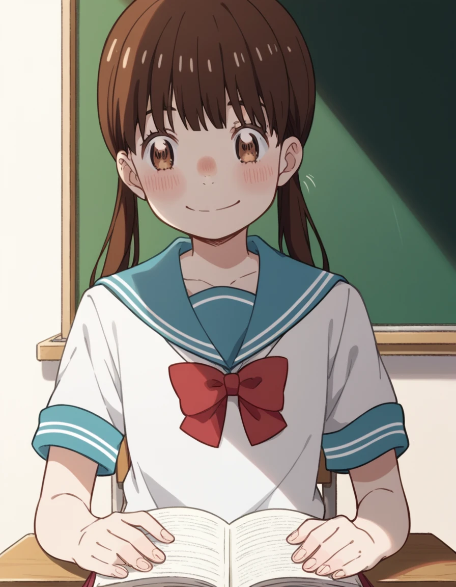 score_9, score_8_up, score_7_up, source_anime, <lora:hinata-kawamoto-s2-ponyxl-lora-nochekaiser:1>, hinata kawamoto, long hair, bangs, brown hair, twintails, brown eyes, low twintails,, shirt, bow, school uniform, white shirt, short sleeves, serafuku, bowtie, sailor collar, red bow, blue sailor collar, red bowtie,, classroom, chalkboard, day time, studying, sitting, chair, desk,, smile, , hands on stomach, blush,, solo,, dutch angle,