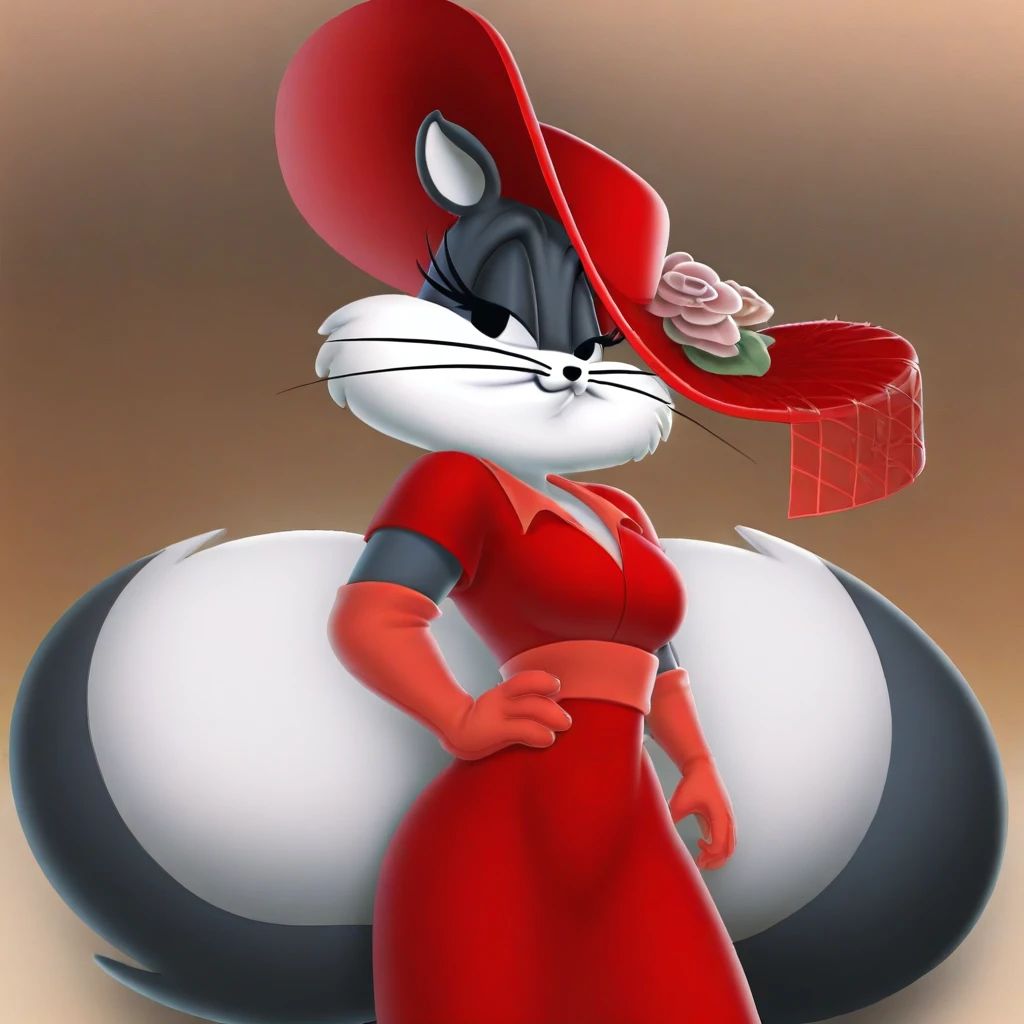 elegant pose. She is standing confidently with one hand on her hip and the other resting on her head. She is dressed in a classic, anthropomorphic female cat character. The character is depicted in a sophisticated, black and white striped body with a fluffy tail and a large, wide-brimmed red hat adorned with a small, black eyes, and the tip of her bushy tail. She is dressed in a sophisticated, with black markings on her head, elegant manner, a female anthropomorphic skunk. The character stands confidently with one hand on her hip and the other resting on her head, giving a poised and elegant pose. The character has a white face and a fluffy, black and white fur pattern typical of skunks. The body is primarily black, giving it a relaxed or sleepy expression. The image is a digital illustration of a stylized cartoon character, and white on the belly