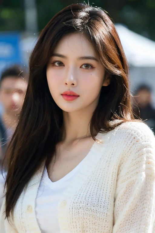 masterpiece, best quality, ultra-detailed, ultra high res, (photorealistic:1.4), raw photo, (realistic:0.2), 8k HDR, realistic cool temperature lighting, (asian:0.2), 1girl, solo, asymmetrical hair, outdoor, day, (fashion show event:1.2), bokeh, (detailed lips), (detailed pores), (detailed skin textures), (detailed face:1.2), (upper body:1.2), a woman in a white cardigan, promotional image, a character portrait,