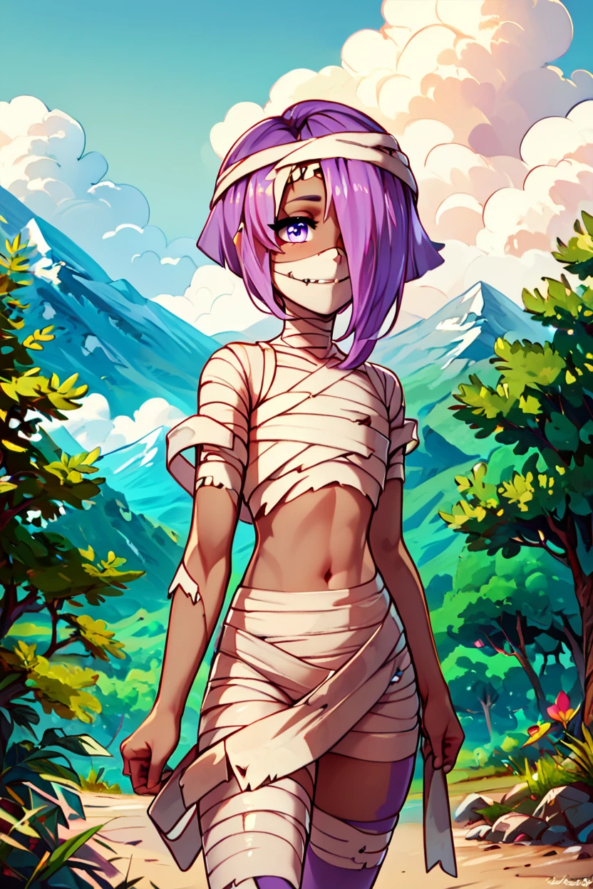 score_9, score_8_up, score_8,   BREAK, , zzDaimon, purple hair, purple eyes, mummy, colored skin, bandages,  grey skin,  <lora:Daimon_AFKArena_PDXL:1.0>, , BREAK, looking at viewer, smile, outdoors, sky, day, cloud, tree, blue sky, mountain, cowboy shot, ,,, embedding:zPDXL, Expressiveh, ,,, <lora:Alola_Style_PDXL:0.8>, <lora:CatalystStylePDXL:0.8>, <lora:Expressive_H-000001:0.4>,