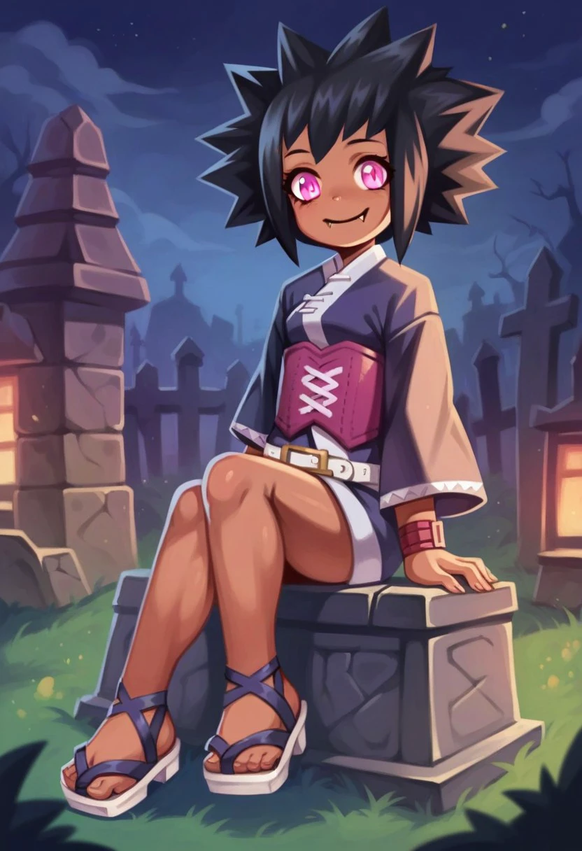 score_9_up, score_8_up, score_7_up, score_6_up, 1girl, solo, yuki_mysims, adult, short black hair, spiked hair, dark-skinned female, fangs, kimono dress, sandals, belt, pink eyes, purple eyes, smile, sitting on a tombstone, in a spooky graveyard, (realistic), (painted art)