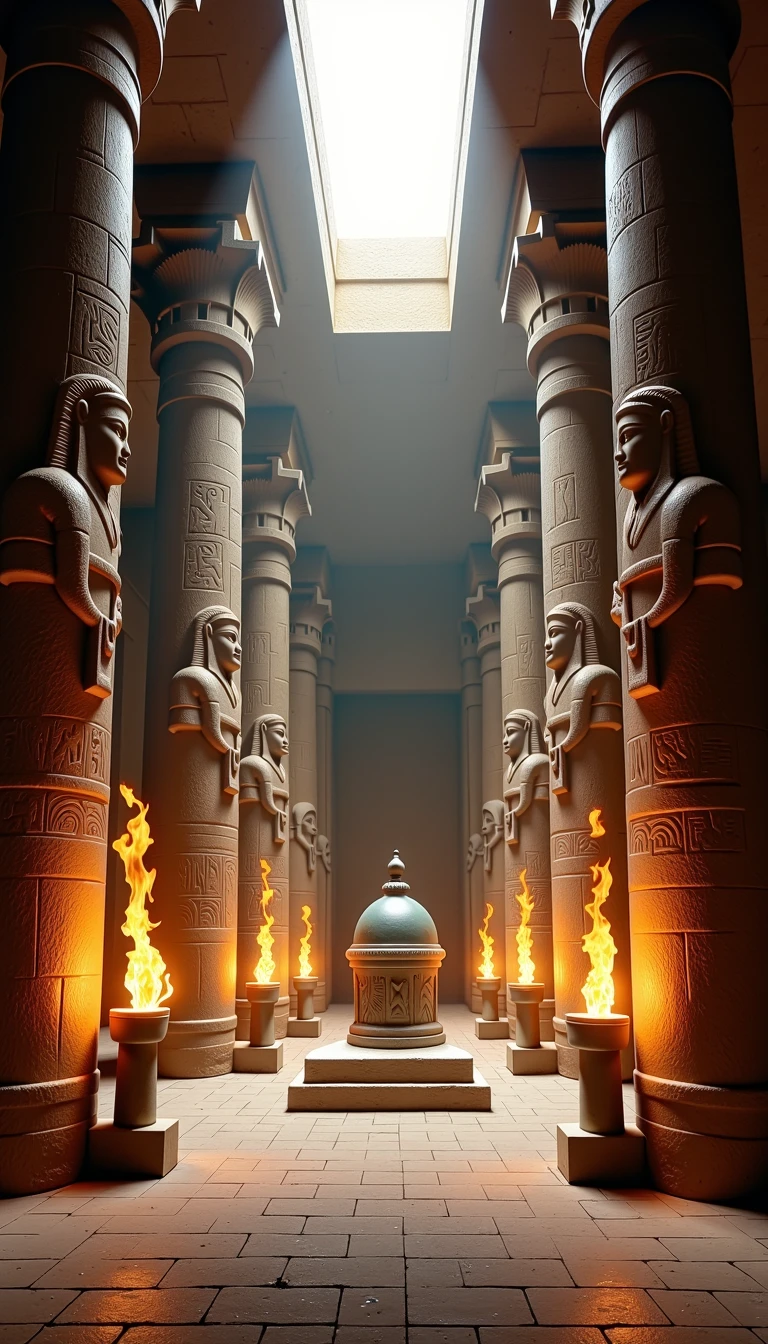 A massive, ancient temple interior, with towering stone statues lining the walls, each holding a torch that casts flickering light across the chamber. In the center, a grand altar sits under a skylight that shines down on it, while detailed carvings and hieroglyphs cover the stone walls and floor.  <lora:Everly Heights Retro Cel-Frame FLUX:1>