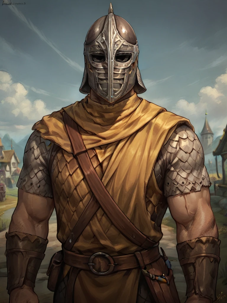 score_9, score_8, portrait of whiterun_guard man, helmet, bara, armor, village background  <lora:Whiterun_Guard_Skyrim:.7>