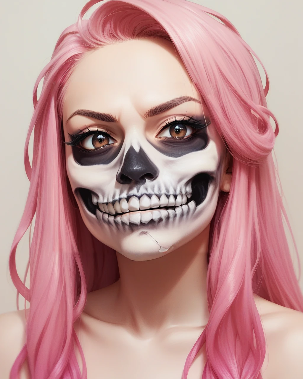 score_9_up, score_8_up, score_7_up, halloween makeup, 1girl, solo, pink hair, brown eyes, teeth, looking at viewer, portrait, long hair, multicolored hair, skull, simple background, makeup, <lora:NeoNi_HMUP:0.7>