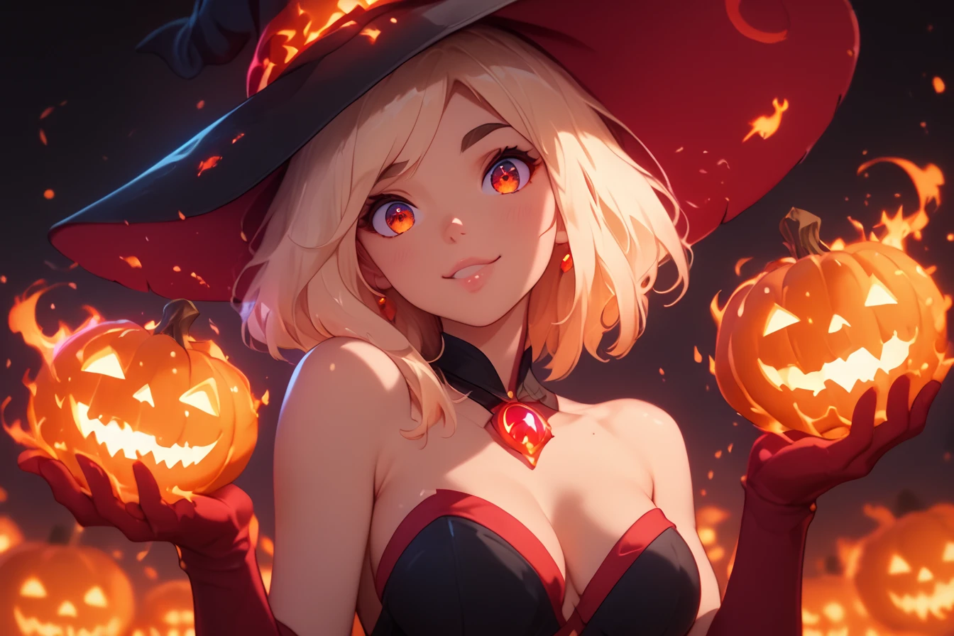 score_9, score_8_up, score_7_up, upscale 2x, (anime-style of an evil and beautiful fire witch holding (red burning glowing pumpkins:1.2) in her hands. She is wearing an oversized red and orange wizard hat and has stylish red hair with beautiful red eyes. The background is fire land with fire-like pumpkins floating around her:1.2) (Pumpkin spell:1.3)