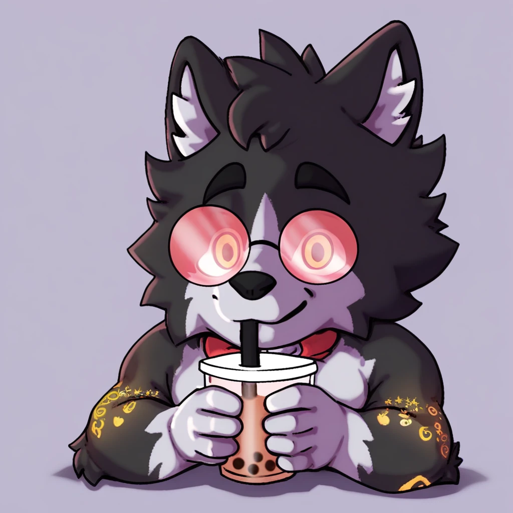 score_9_up, score_8_up, score_7_up, source_furry, mikus-pudim, husky, dog, gray fur, yrllow eyes, pink glasses, solo, 1boy, holding, bubble tea, park