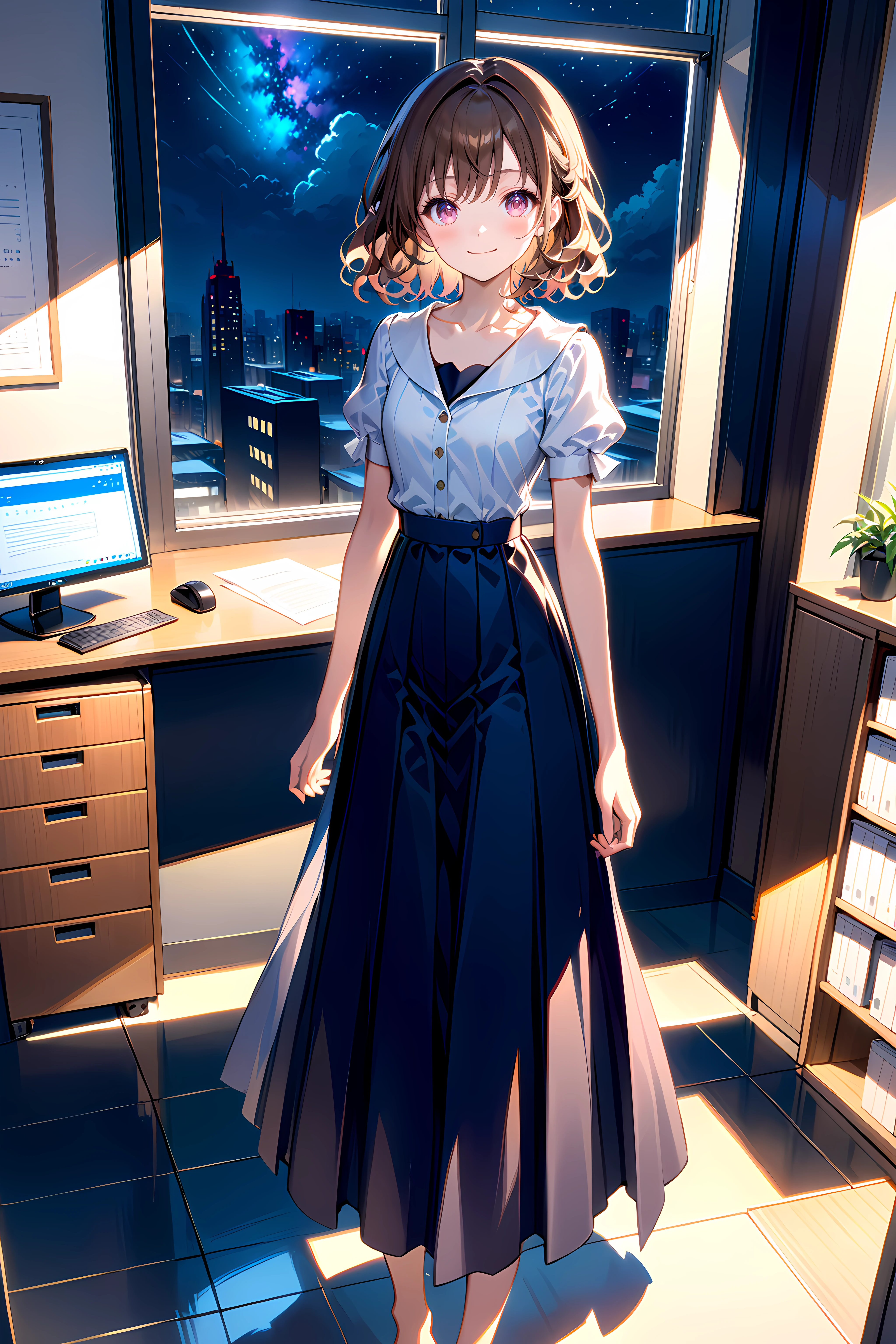 1girl, feet out of frame, standing, medium hair, brown hair, pink eyes, wavy hair, white shirt, puffy short sleeves, blue skirt, long skirt, collarbone, closed mouth, smile, indoors, office, window, night, night sky