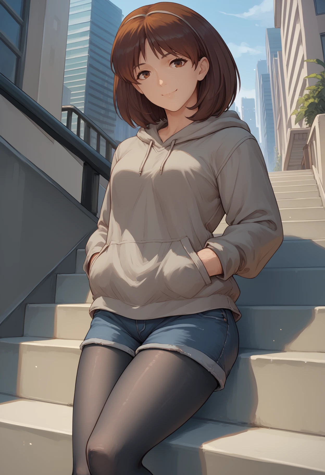 score_9, score_8_up, score_7_up, <break> solo, 1girl, n0el anderson, smile, looking at you, sitting, stairs, hands in pockets, short hair, brown hair, brown eyes, grey hoodie, blue shorts, denim shorts, black pantyhose, outdoors, city
<segment:yolo-face_yolov8m.pt,0.4,0.5//cid=1>