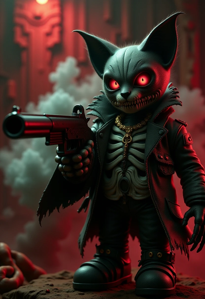 <lora:Spooky Skeletons:1> a skelet0n anthro cat pointing a gun at the viewer