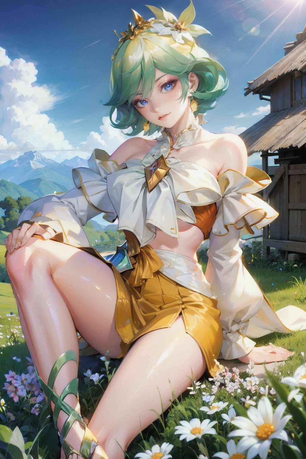 <lora:Violet_Patal_of_Rizz_AoV_Model_LoRA:0.8>, Violet_PoR, 1girl, solo, short hair, green hair, multicolored hair, flower, earrings, looking at viewer, blue eyes, lips, dress, breasts, jewelry, puffy sleeves, long sleeves, nail polish, legs, feet, high heels, white footwear, toes, toeless footwear, large breasts
, outdoors, sky, blue sky, day, cloud, tree, grass, scenery, field, nature, mountain, best quality, ultra high res, (photorealistic:1.4), masterpiece, real life skin, hyper real