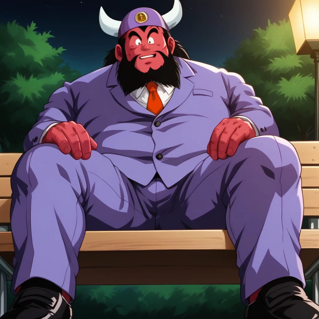 1boy, solo, big body, fat, large build, heavyset, big head, bearded, black beard, thick eyebrows, wide eyes, red skin, human features, small pupils, black eyes, focused gaze, short black hair, messy hair, black hair, 4k, extreme quality, masterpiece, best quality, highly detailed, detail background, purple hat, two horns on hat, logo on hat, purple suit, business suit, formal suit, white shirt, red tie, human hands, thick fingers, black shoes, formal shoes, detail decoration, detailed lighting, dof, looking at viewer, sitting on wooden bench, night, outdoors, looking at viewer, detailed background, view from below, low-angle view, nice angle, dutch angle, sitting on a bench, legs spread, looking down at viewer, male focus