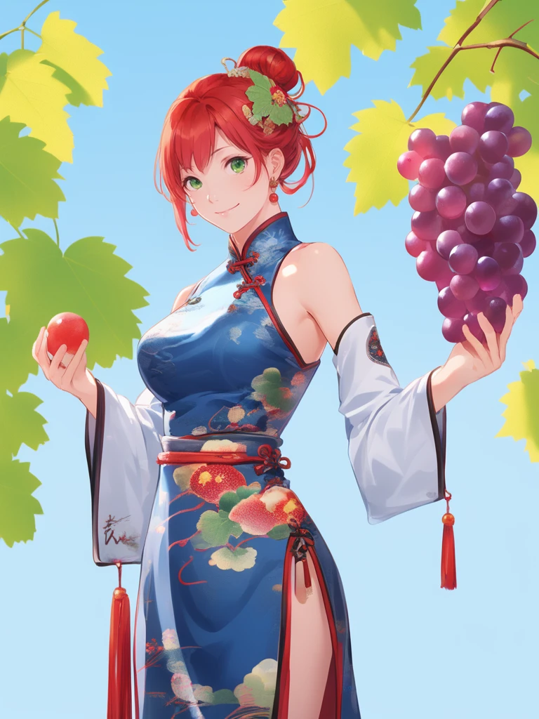 ,donmenshiji,1girl,solo,green eyes,red hair,hand on hip,chinese clothes,detached sleeves,looking at viewer,earrings,jewelry,breasts,bare shoulders,single hair bun,hair bun,closed mouth,hair ornament,dress,medium breasts,smile,cowboy shot,china dress,taotail,fruit,food,leaf,grapes,food focus,plant,simple background,still life,blue background,day,outdoors,<lora:Dmshiji-wwm:0.8>