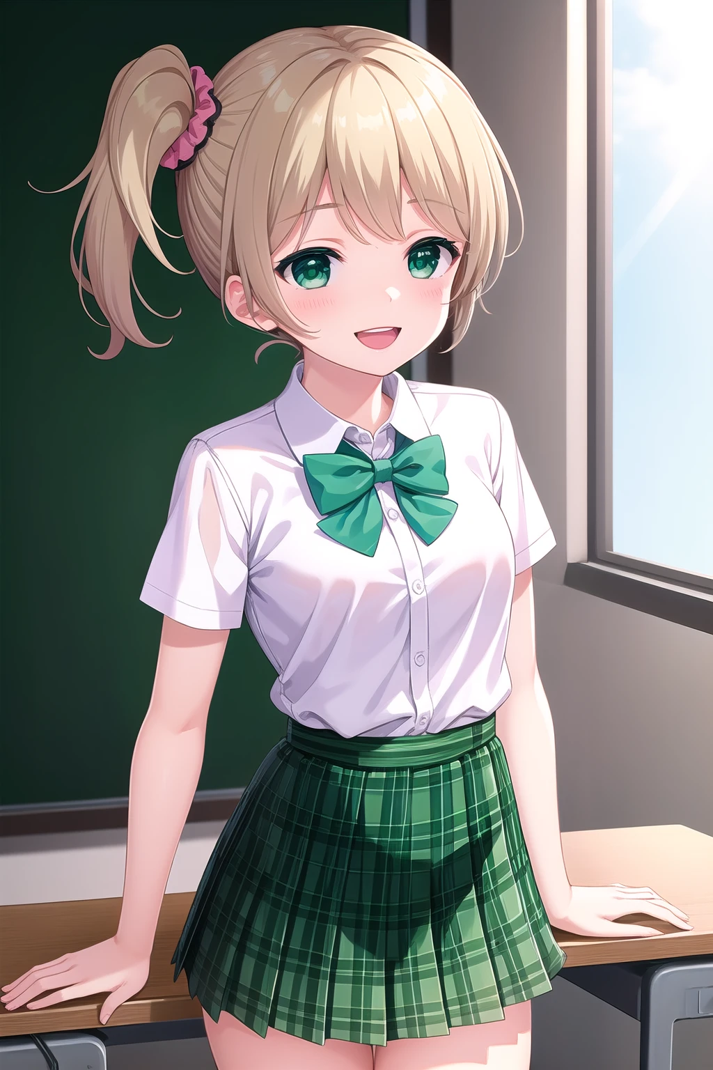 (masterpiece, best quality), highly detailed background, perfect lightingbest quality, etokurumi, solo, indoors, classroom, blonde hair, hair scrunchie, pink scrunchie, side ponytail, bangs, short hair, green eyes, small breasts, green bowtie, collared shirt, white shirt, short sleeves, green skirt, plaid skirt, school uniform, smile, open mouth, :d, pink lips, <lora:Eto-Kurumi:0.7>