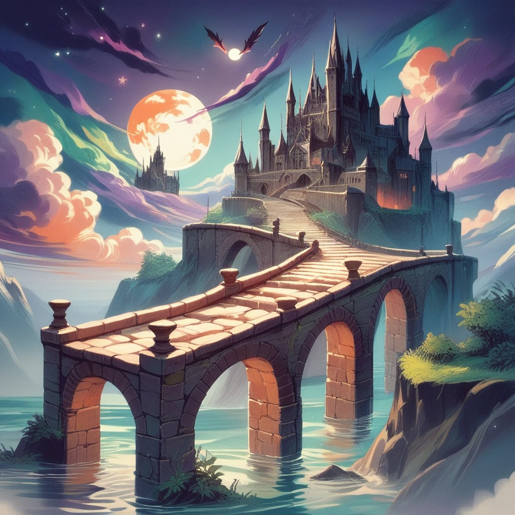 score_9, score_8_up, score_7_up, score_6_up, score_5_up, score_4_up, csdb, castle background, stone bridge, bright moon, colorful cloudy skies, no humans