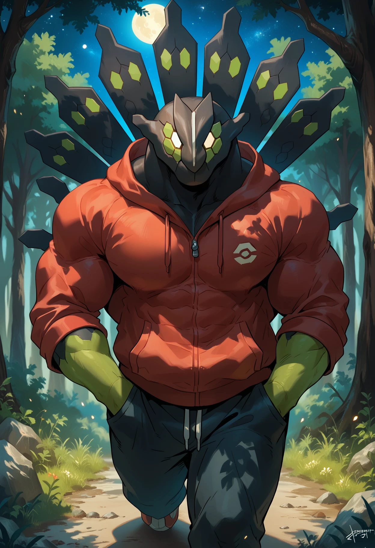 zPDXL3, score_9_up, score_8_up, score_7_up, detailed, source_furry, (best quality:1.2), hi res, digital media \(artwork\) BREAK forest, night, starry sky, walking, hand in pocket, red hoodie, black sweatpants, solo, 1 boy, zygarde_50, pokemon (creature), green and black body, compound eyes, muscular anthro <lora:detailed_notrigger:1> <lora:Zygarde50_Pokemon_V1:0.9>