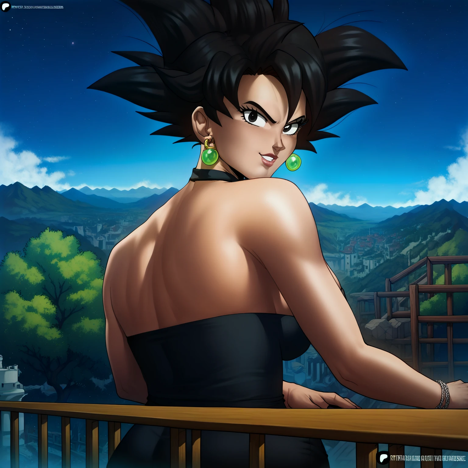 zPDXL3, score_9, score_8_up, score_7_up, score_6_up, score_5_up, score_4_up, highres, incredibly absurdres, highly detailed, railing, night, dark, outdoors, 1girl, solo, <lora:Goku_Black:0.6> goku black, black hair, spiked hair, black eyes, single earring, black dress, bare shoulders, strapless, sleeveless, looking at viewer,  <lora:echosaber:1> source_anime, echosaber