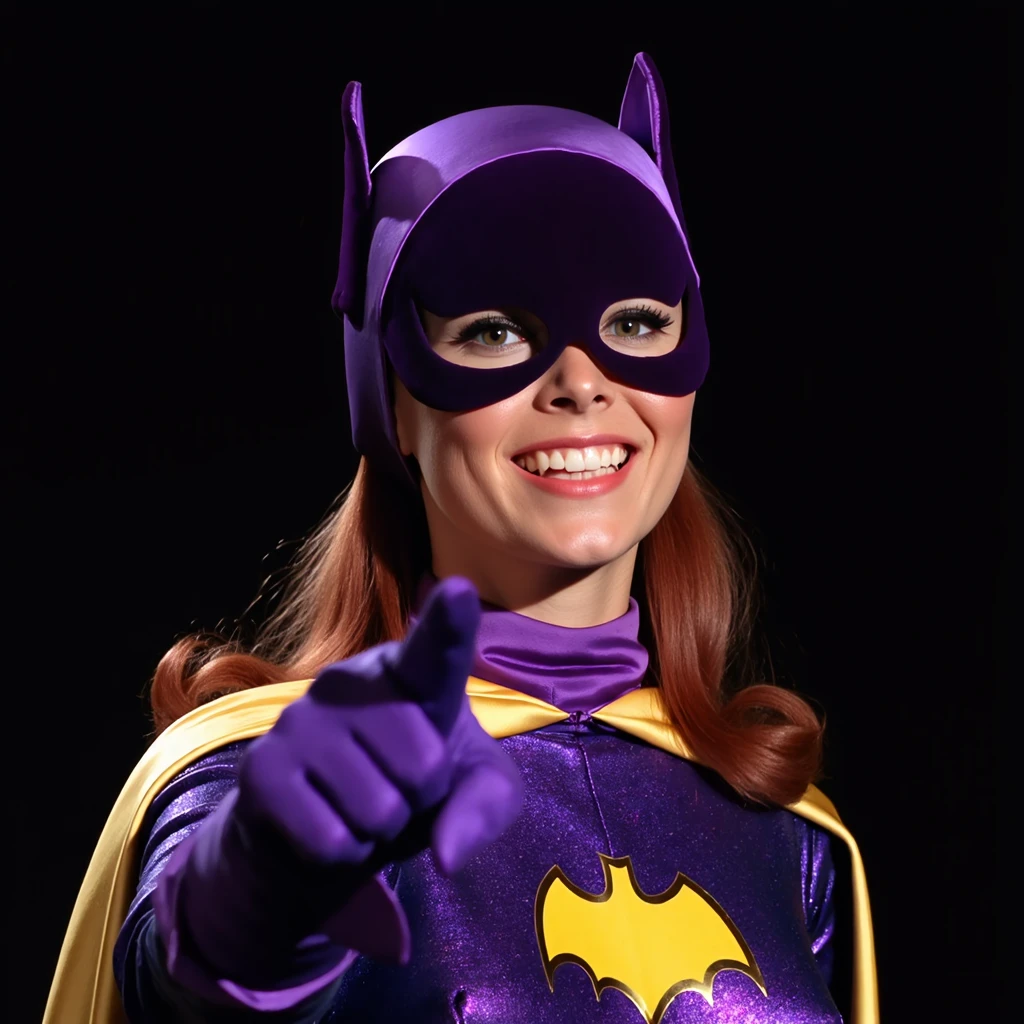 b4tg1rl woman, close-up, is wearing her usual attire posing for a portrait photography mugshot taken by a professional photography with a 35mm camera and studio lights behind her there is a blank black backdrop, she is smiling and pointing at the viewer