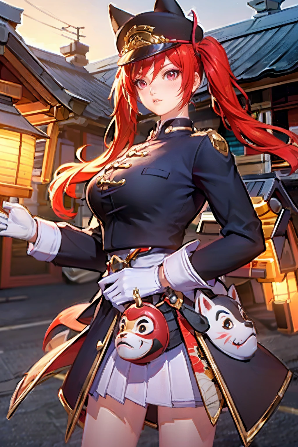 <lora:Capheny_Maple_Front_AoV_Model_LoRA:0.8>, Capheny_Maple_Front, 1girl, solo, hat, black headwear, animal ears, twintails, red hair, looking at viewer, red eyes, lips, closed mouth, uniform, military, military uniform, breasts, long sleeves, gloves, white gloves, skirt, white skirt, mask, fox mask, shoes, socks, white socks, black footwear
, outdoor, military camp, military camp background, japanese flag, maple tree, maple leaf, japanese style, realworld location, best quality, ultra high res, (photorealistic:1.4), masterpiece, real life skin, hyper real