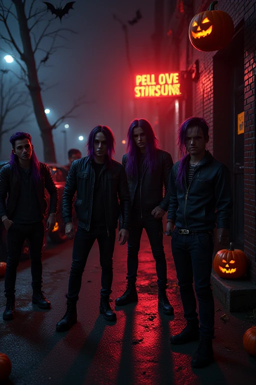 a photograph of a group of punks being rowdy in the city streets outside a bar