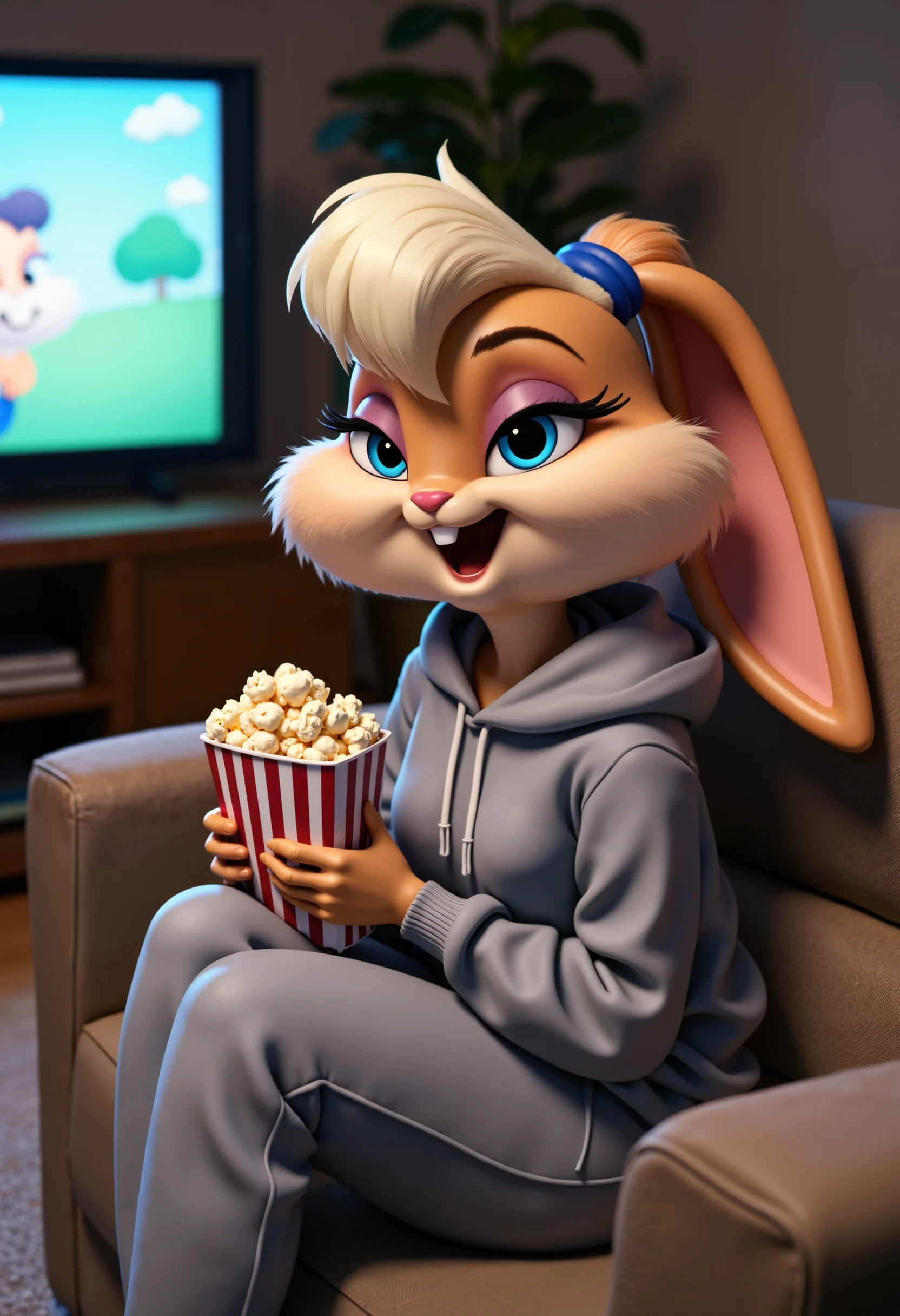 Lola Bunny wearing a plain gray hoodie and sweatpants, sitting on a couch at home with a cozy blanket, watching TV and holding popcorn.
