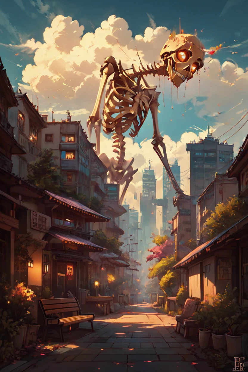 score_9, score_8_up, score_8,   BREAK, , zzGiantSkeleton, outdoors, sky, tree, standing, monochrome, power lines, cloud, no humans, glowing, city,  <lora:Giant_Skeleton_PDXL_v1:0.8>, , BREAK, sitting on bench, side view, smile, looking at viewer, cowboy shot,  ,,, BREAK, pnkBldng, sky, day, cloud, tree, blue sky, building, architecture, east asian architecture,  ,,, BREAK, embedding:zPDXL, Expressiveh,  ,,, <lora:PinkBuildingsPDXL_v2:0.6>, <lora:SDXLFaeTastic2400:0.5>, <lora:Expressive_H-000001:0.4>