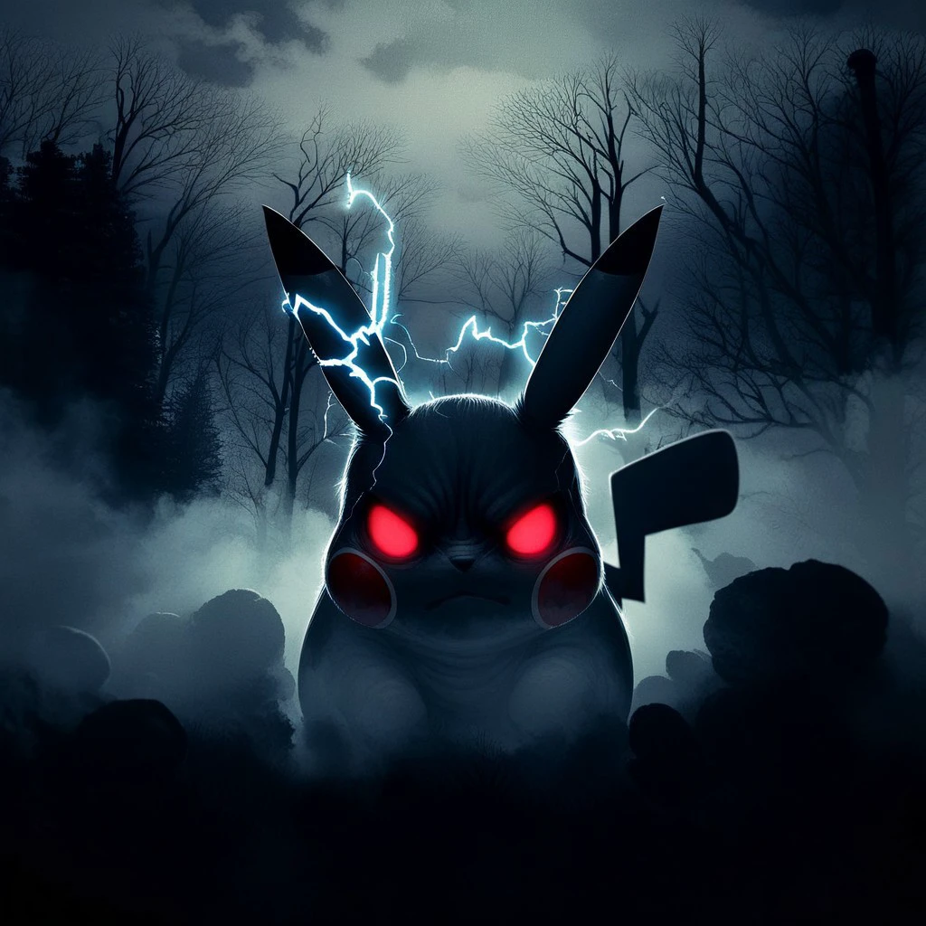 source_anime, source_game, score_9, score_7_up, (CR33P1NGF0G, fog), (no humans), 1 pokemon, (Pikachu), pikachu from pokemon, pokemon_(creature), (electricity), (tail), face hidden, partially obscured, red eyes, glowing eyes, (foggy), (haze), eerie, creepy, ominous, fog, dark, night, haze, no_humans, scenery, forest, detailed background,