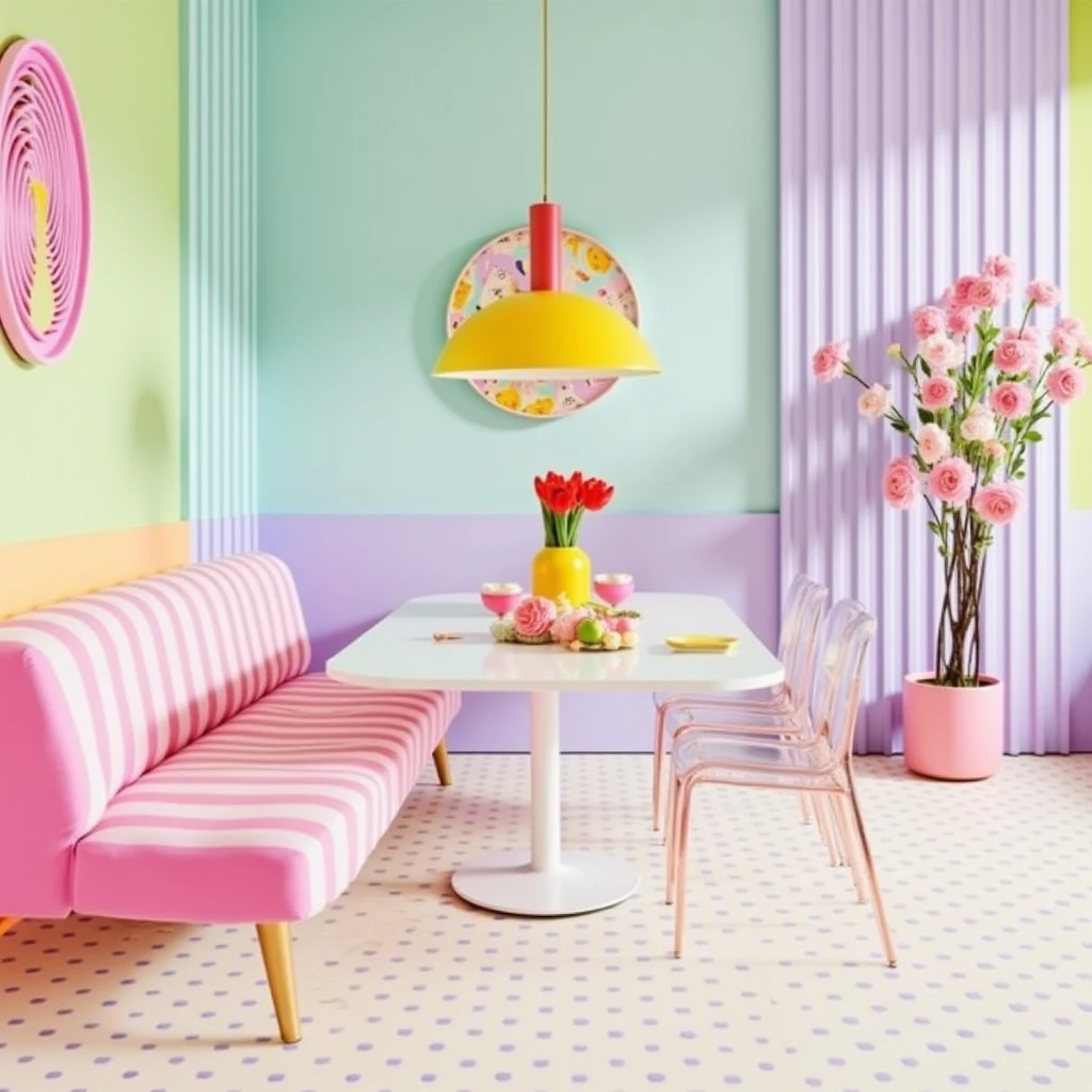 Pastel Dream Dining Room
An enchanting dining room that blends soft pastels in a multicolored palette. The walls alternate between stripes of mint green and lavender, while the polka dot floor adds texture with light pink and sky-blue dots on a cream background. A pink-striped sofa sits along one side of a sleek, modern dining table, paired with clear acrylic chairs for an airy look. Colorful floral arrangements and gold accents bring a touch of elegance to the playful room, making it ideal for whimsical dinner parties. 
8K resolution, UHD, HDR, ray tracing, hyper-detail, sharp clarity.
Close-up, crisp focus, professional lighting for interior spaces.