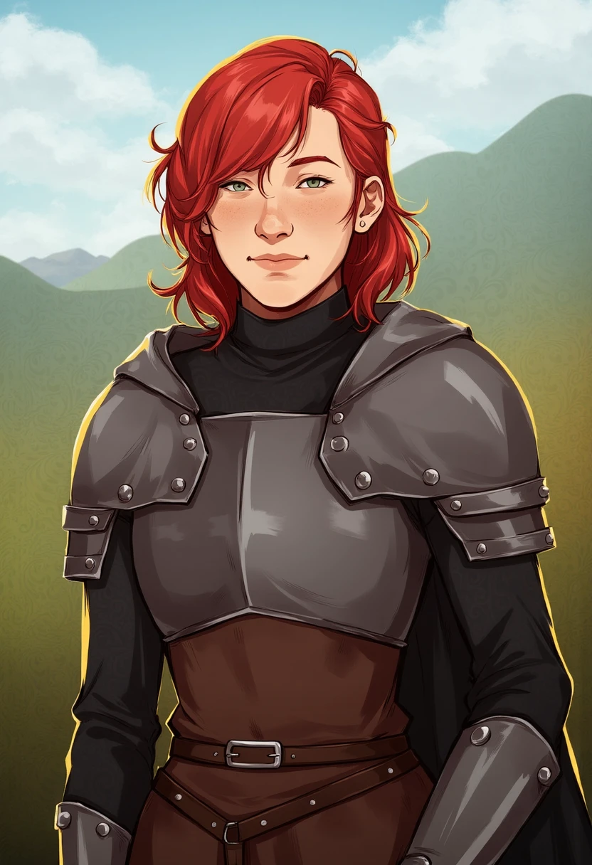 yyg_portrait of young female knight wearing heavy armor, red hair, beautiful medieval landscape background