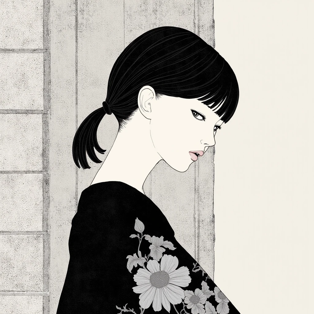 In style of Kotaro Chiba. The image portrays a young woman with black hair, which is neatly tied back into a ponytail. She is wearing a black dress adorned with a floral pattern, adding a touch of elegance to her attire. The background features a textured wall, providing a contrasting backdrop to the woman's figure. The overall color scheme of the image is black and white, giving it a classic and timeless feel.