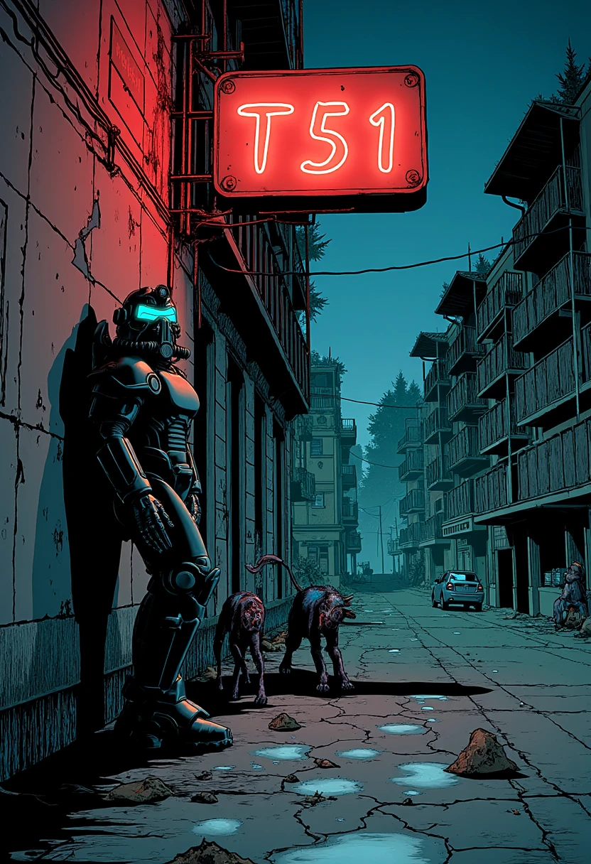 Imagine an image in the style of a gritty graphic novel: The T51 leans against the crumbling walls of a desolate city street at night, under a broken neon sign. Its shadow stretches across the cracked pavement, with pools of dark oil and ash collected around it. The helmet’s eyes pierce the darkness as mutated animals scavenge nearby.