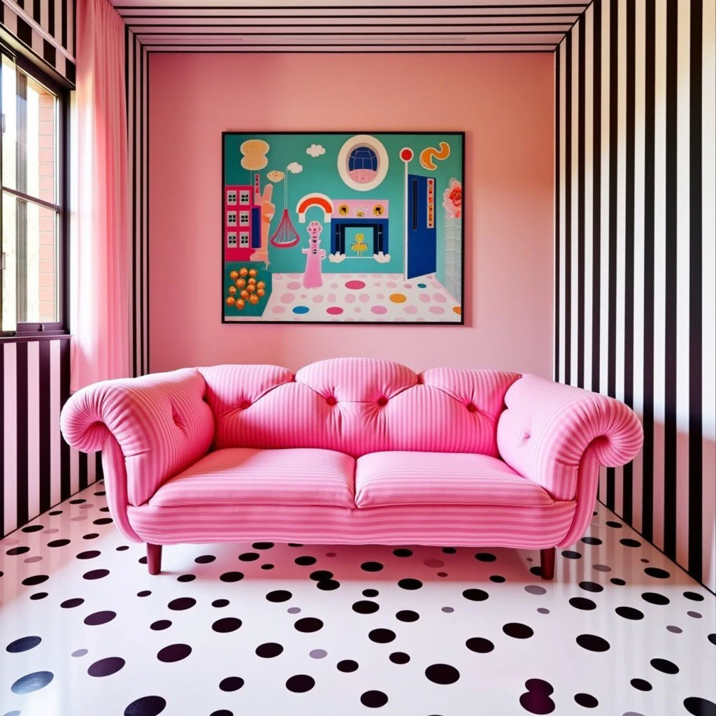 dcrvlr style room with stripped walls and polka dot floors, a pink sofa with white stripes on it, multi colored room