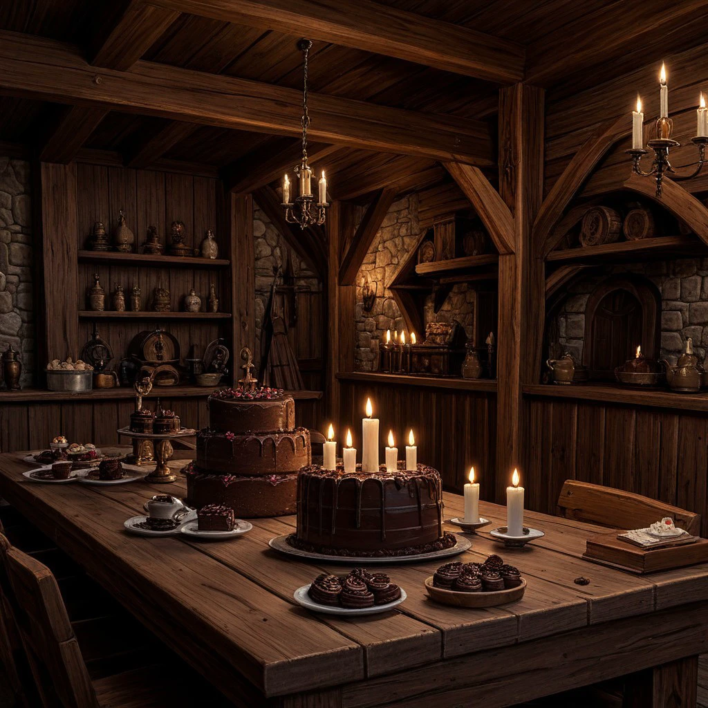 a big chocolate cake in a medieval restaurant, big candles, chocolate cake with multiple levels, brown wooden tables, wooden walls, warm scenery, medieval, still life