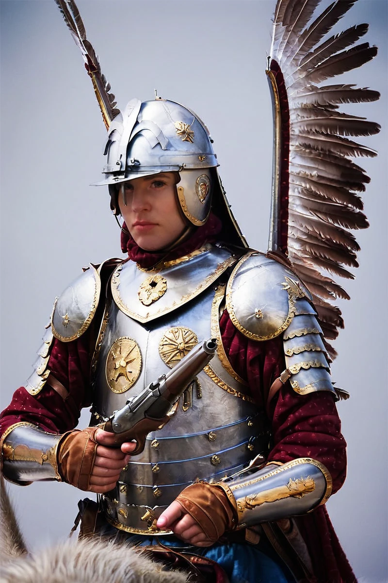 hires digital photo, photorealism, simple background, solo, male focus, on horseback, wearing winged_hussar_armor, holding (flintlock pistol:1.1), aiming at another, breastplate, scale armor, pauldrons, gauntlets, <lora:Polish_Hussar_Armor_PonyXL:0.8>, PonyXL_Scores, intricate details, high resolution,