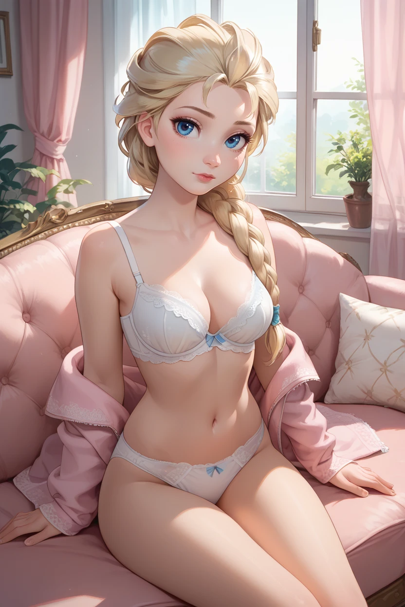 score_9, score_8_up, score_7_up,
<lora:DisneyElsa:0.8>
DisneyElsa, 1girl, blonde hair, blue eyes, braid, looking at viewer, sitting, on couch, living room, pink couch, window, curtains, cowboy shot, white bra, white panties, lace trim