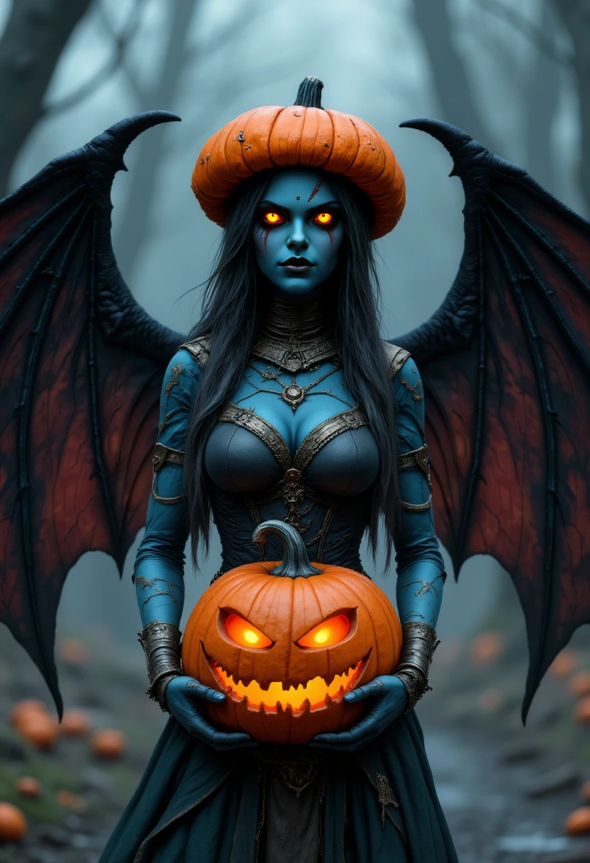 hellguardianoween, wings, blue skin woman , posing for a photo , holding pumpkin, fullbody shot, helloween theme, creepy , high quality, looking at the viewers, detailed face, photorealistic effect, 8k, glowing orange eyes.<lora:FLUX_HellGuardianoween_LoRA:1>