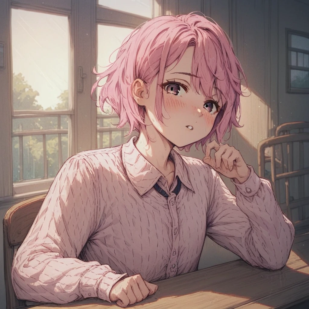 Score_9, score_8_up, score_7_up, a1ra_sh1rat0ri, 1girl, solo, pink hair, looking at viewer, short hair, shirt, long sleeves, window, indoors, blush, sitting, bangs, upper body, collared shirt, chair, parted lips