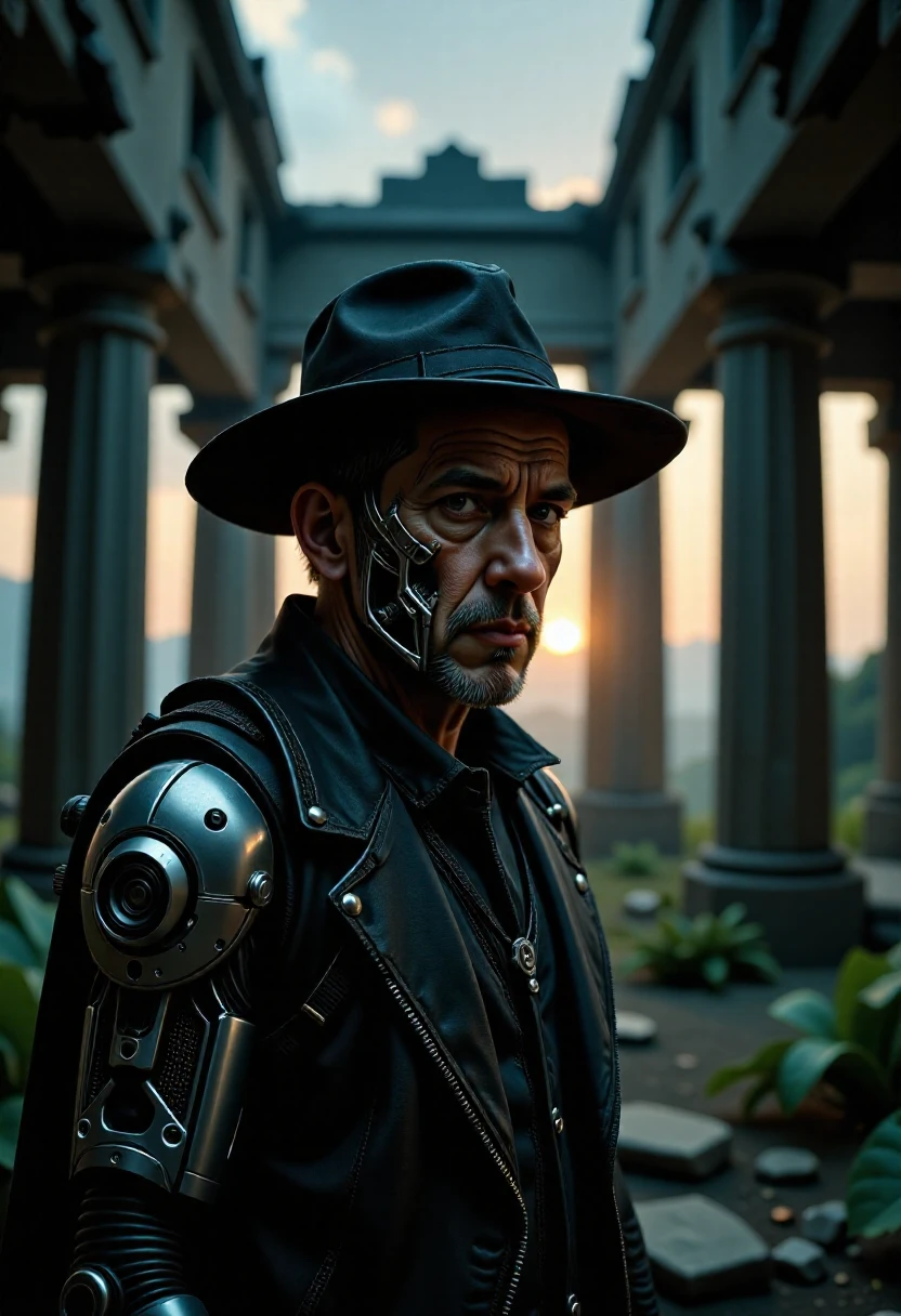 At dawn of early post-apocalypse morning, a futuristic Jewish cyborg warlock stands resolute amidst the crumbling ruins of an ancient temple as the dew can be seen lifting from the ground creating a mist low to the ground and dissipating as it rises. His face is light with caustic lighting by the rising sun in the strange alien jungle surrounding the temple. The Dutch angle emphasize the sense of unease in the decaying structure, while the moody atmospheric perspective envelops the scene, gnarled features etched into wisdom on the warlock's face. Cybernetic implants on his face, mechanical arms, and a mechanical left eye, hinting at the technology highlighting arcane powers it has mastered. Jewish style exoskeleton the covers his chest and legs. Drawing inspiration from the styles of style of Donato Giancola and HR Giger. <lora:flux/mjv6_lora flux.safetensors_converted>, <lora:flux/flux_realism_lora>